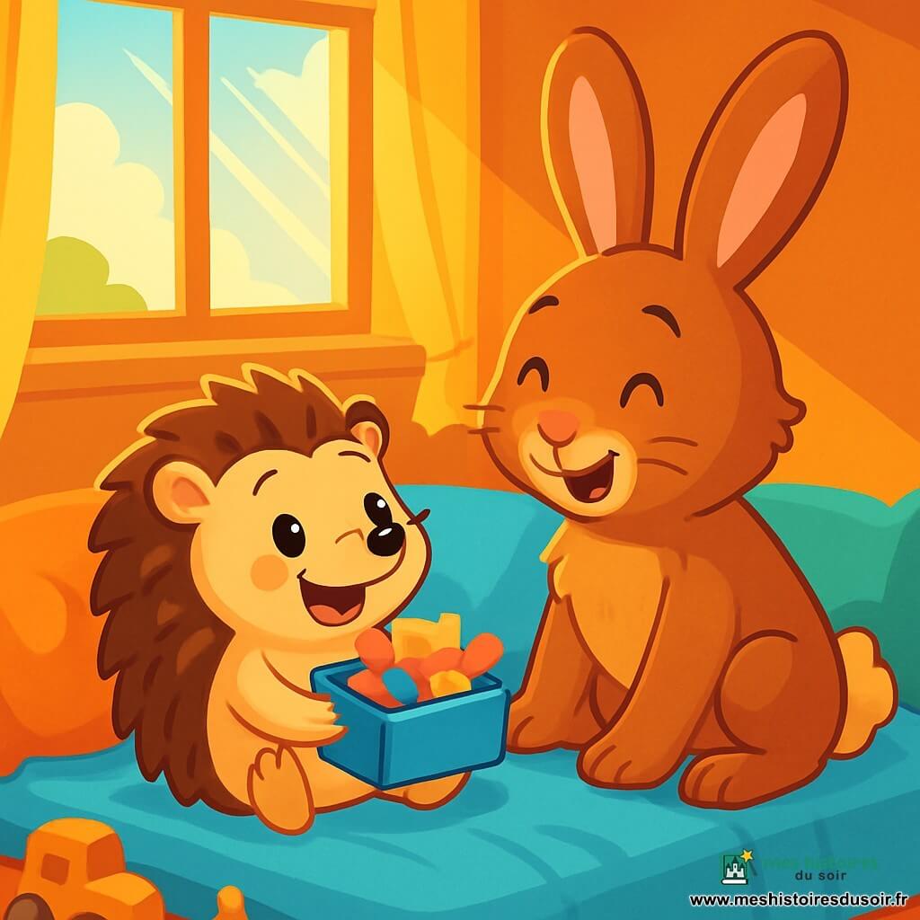 Toudoux, un petit hérisson aux piquants doux, est assis sur un lit moelleux avec un grand sourire. Ses yeux brillent d'excitation alors qu'il tient une boîte à biscuits remplie de petits papiers colorés. À côté de lui, Poilpompon, un grand lapin au pelage soyeux, regarde son fils avec tendresse. Ils sont dans une chambre chaleureuse, baignée de lumière dorée, entourés de jouets en bois et de coussins colorés. Toudoux offre sa surprise à son papa, créant une atmosphère de joie et d'amour.