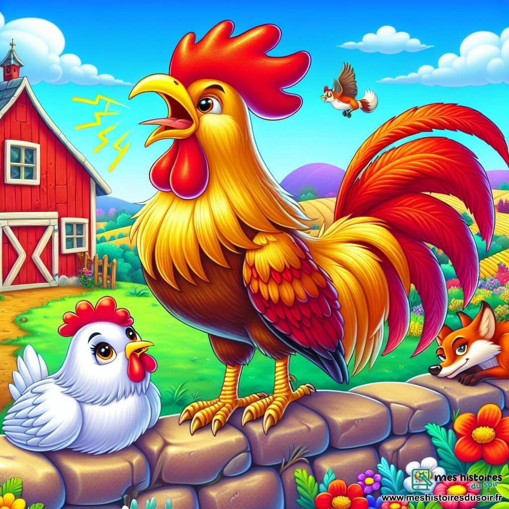 Un coq majestueux aux plumes dorées et rouges se tient sur un muret de la ferme, chantant pour alerter les autres animaux d'un danger imminent. À ses côtés, une poule blanche l'écoute, admirative. En arrière-plan, un renard rusé s'approche furtivement de la ferme. La scène se déroule dans une ferme colorée, avec des champs verdoyants et un ciel bleu clair. Le coq, courageux et protecteur, utilise sa voix pour avertir les animaux, illustrant l'importance de l'unité et de la bravoure.