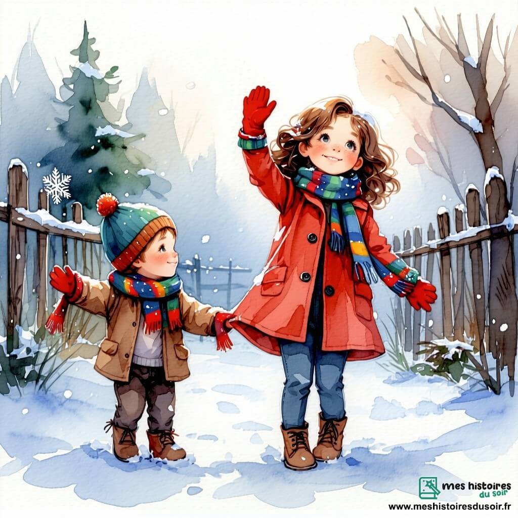 Lucie, une fille de 11 ans aux cheveux auburn bouclés et aux yeux curieux, se tient dans un jardin enneigé, les bras levés et un sourire émerveillé. Elle porte un manteau rouge, des gants en laine et une écharpe colorée, tandis que des flocons de neige tombent autour d'elle. À ses côtés, Maxime, 12 ans, avec des cheveux bruns en bataille et des lunettes, admire la scène, vêtu d'une parka bleue et tenant un livre ouvert. Zoé, 11 ans, aux cheveux blonds tressés, est accroupie près d'un banc, dessinant des flocons avec un bâton. Le jardin est un paysage hivernal enchanteur, illuminé par la lune. Les amis sont émerveillés par la neige et attendent l'apparition du Flocon d'Argent, symbole de leur aventure.