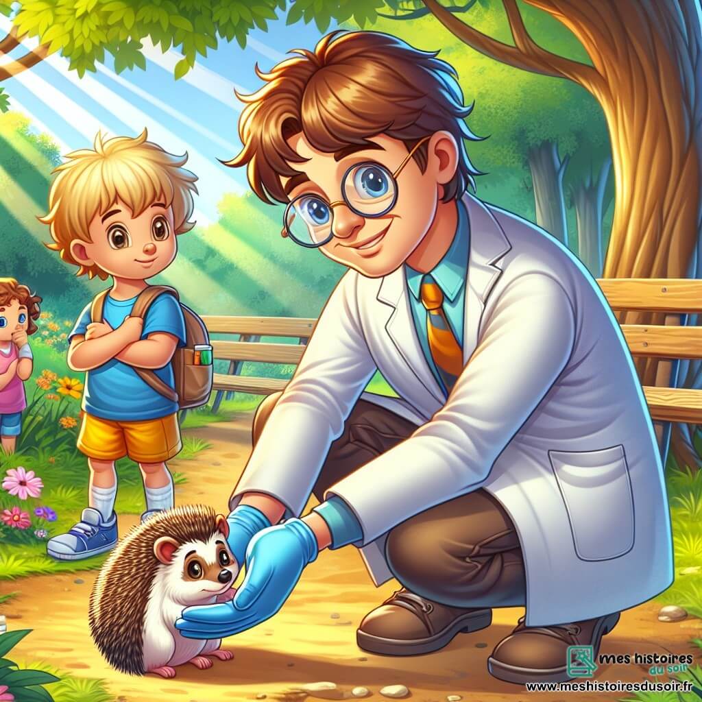 Un vétérinaire, Dr Martin, souriant et bienveillant, porte une blouse blanche et des gants en latex. Il s'accroupit près d'un hérisson blessé, affichant concentration et compassion. À ses côtés, un garçon d'environ 8 ans, aux cheveux blonds, observe avec curiosité, tenant un petit sac à dos rempli de fournitures pour animaux. Une fille de 7 ans, avec des cheveux bouclés, regarde attentivement Dr Martin en tenant un thermomètre. La scène se déroule dans un parc verdoyant, avec des arbres et des fleurs. Dr Martin examine le hérisson, tandis que les enfants, fascinés, sont prêts à apprendre comment aider cet animal.