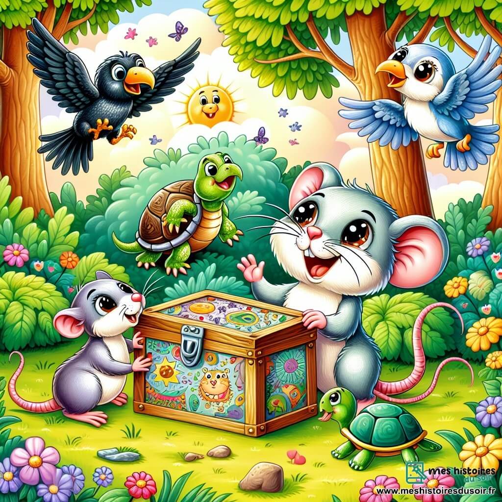 Un petit rat gris clair, avec de grandes moustaches et des yeux curieux, se tient devant une boîte en bois ornée de motifs mystérieux, affichant une expression d'excitation. À côté, un corbeau noir aux plumes brillantes survole la scène, prêt à l'aider. Une tortue à la carapace verte, souriante et sage, est assise sur l'herbe, observant avec intérêt. La scène se déroule dans une clairière ensoleillée de la forêt enchantée de Bois-Joyeux, entourée d'arbres colorés et de fleurs dansantes. Au centre, le rat tente d'ouvrir la boîte mystérieuse, tandis que ses amis l'encouragent, créant une atmosphère joyeuse et aventureuse.