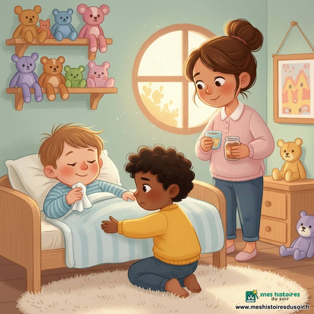 Trois personnages : Léo, 3 ans, visage rond, cheveux châtain clair en bataille, pyjama rayé bleu, allongé à gauche avec un mouchoir blanc et un sourire doux ; Timéo, 3 ans, cheveux bouclés noirs, pull jaune, assis à droite donnant un gros câlin rassurant ; la maman, cheveux bruns en chignon, blouse rose pâle, debout près du chevet avec une tasse d’eau et un pot de compote, regard bienveillant. Lieu : chambre d’enfant chaleureuse et lumineuse aux murs menthe pâle, tapis crème, étagères en bois clair et petite fenêtre laissant une lumière dorée du matin. Situation : scène tendre d’un enfant malade reposant pendant que son ami le console et que la maman apporte soin et douceur, expressions calmes et couleurs pastel.