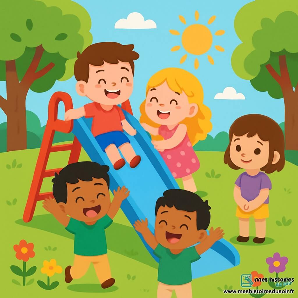 Quatre enfants jouent dans un parc ensoleillé. Lucas, 7 ans, glisse sur un toboggan rouge et bleu, souriant. Sofia, 6 ans, est prête à le suivre, riant. Amir, 7 ans, est en bas, levant les bras avec joie. Emma, 5 ans, les regarde, timide mais souriante. Le parc est verdoyant, avec des arbres dansants et des fleurs colorées, créant une ambiance joyeuse et amicale.