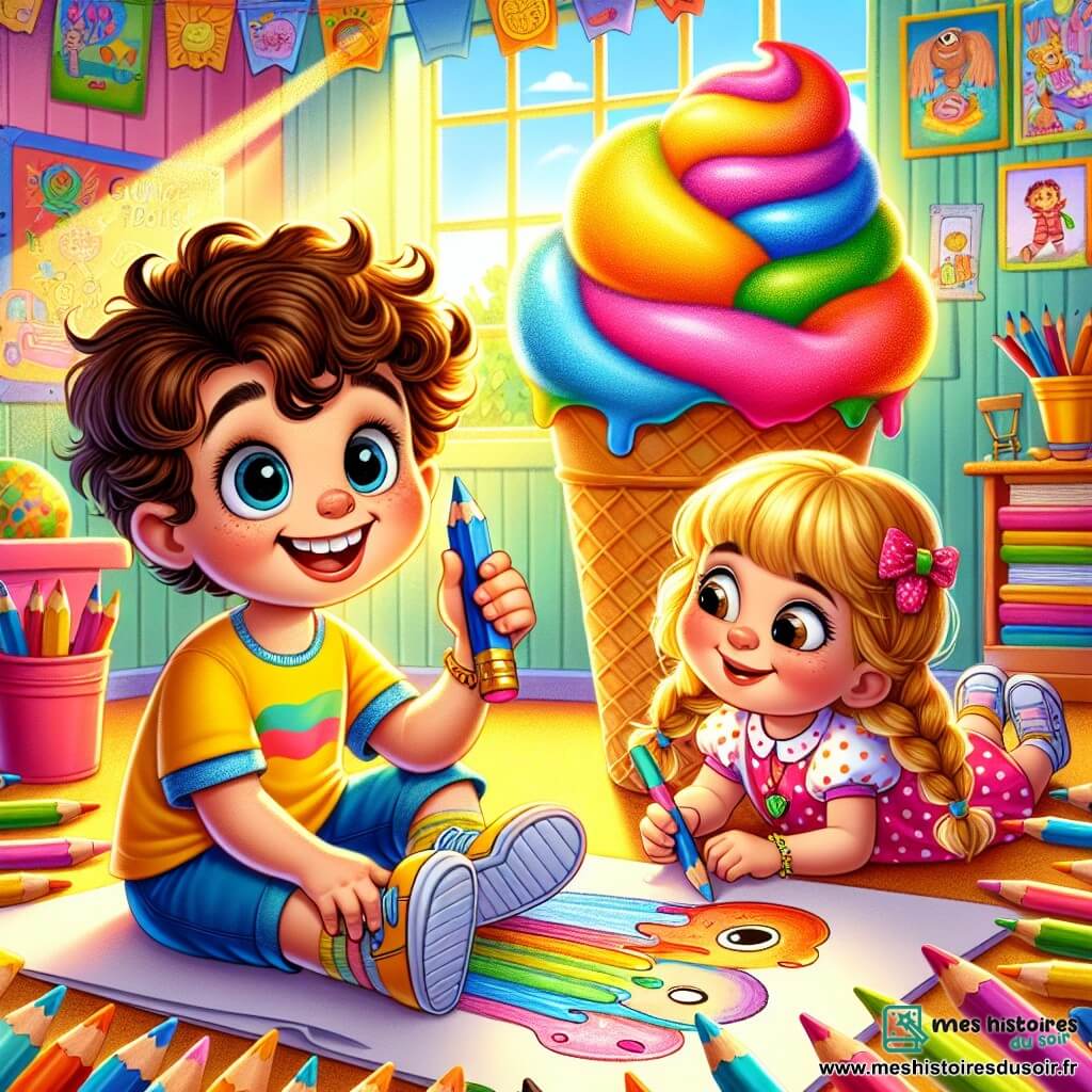 Thomas, un petit garçon de 4 ans aux cheveux bruns et bouclés, sourit joyeusement. Il porte un t-shirt jaune et un short bleu, assis sur un tapis de classe entouré de crayons de couleur. À ses côtés, Emma, une petite fille de 4 ans aux cheveux blonds et en nattes, dessine une grande glace colorée sur une feuille de papier, vêtue d'une robe rose à pois. La salle de classe est lumineuse, avec des murs décorés de dessins d’enfants et des posters sur les vacances d’été. La lumière du soleil illumine la pièce. Thomas et Emma dessinent ensemble, découvrant les merveilles de l'été à travers leur art.