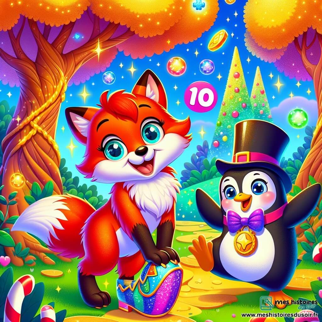 Un jeune renard au pelage roux éclatant, avec de grands yeux curieux et un sourire joyeux, se tient au centre de la scène, portant un chausson magique aux rayures vives. À sa droite, un pingouin en costume haut de forme et monacle danse avec élégance, rayonnant de joie. À gauche, un chêne majestueux aux feuilles chatoyantes semble sourire en écoutant les rires. La scène se déroule dans une clairière enchantée, avec des arbres en sucres d'orge géants et un sol recouvert de tartines beurrées dorées, où des bulles colorées flottent dans l'air. Le renard et le pingouin dansent ensemble, entourés de bulles scintillantes, tandis que le chêne les observe, ajoutant une touche de mystère à cette aventure joyeuse.