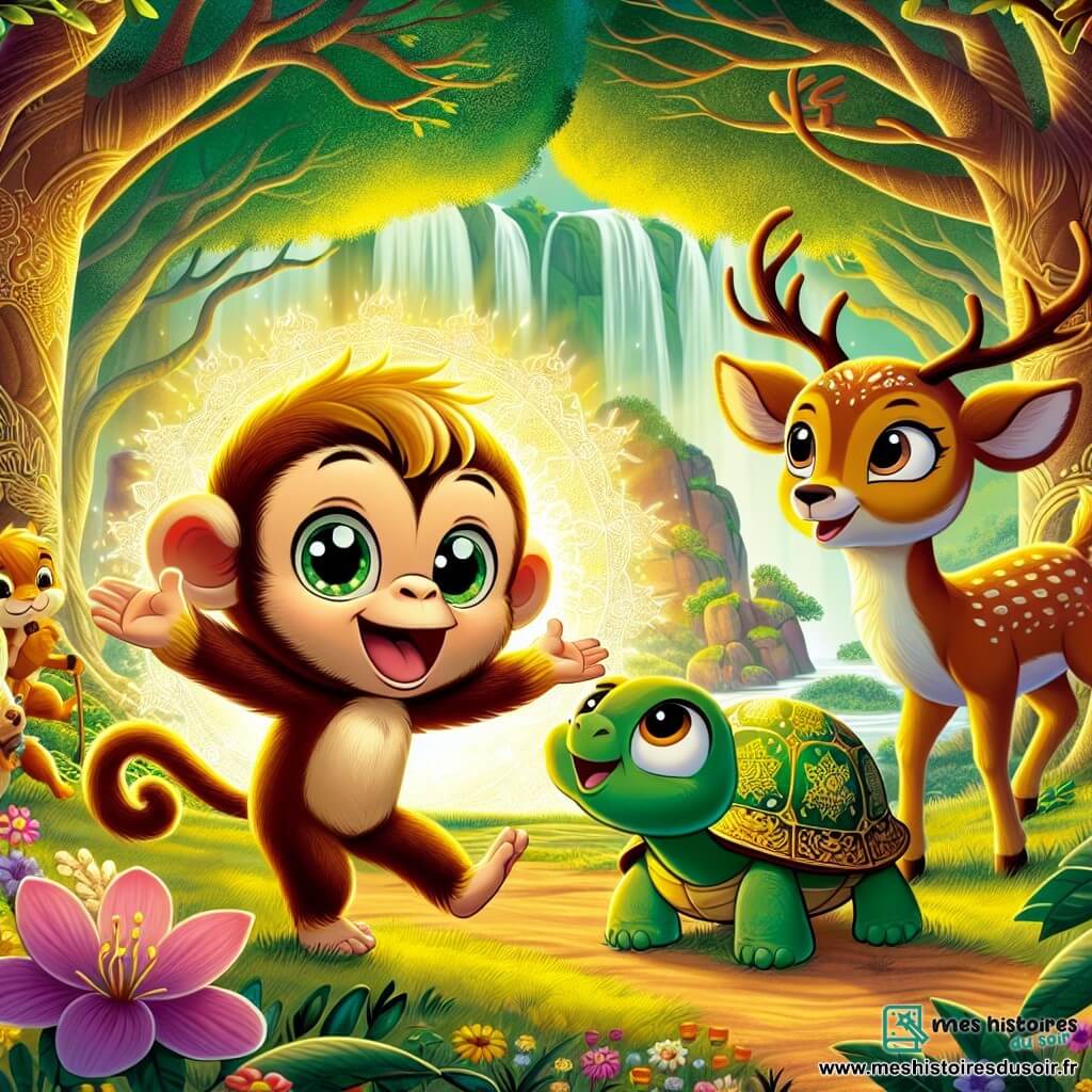 Miko, un jeune singe au pelage doré et aux yeux curieux, se tient au centre de la scène, souriant et levant les bras vers le ciel pour rassembler ses amis pour une aventure. À ses côtés, Lila, une tortue sage à la carapace verte ornée de motifs dorés, l'observe avec admiration, tandis que Rufus, un jeune cerf aux grandes oreilles, bondit joyeusement, prêt à le suivre. En arrière-plan, la forêt enchantée s'étend avec ses arbres majestueux, ses feuilles vertes éclatantes et ses fleurs colorées, créant une atmosphère magique. Cette scène représente le moment où Miko et ses amis se rassemblent pour découvrir une mystérieuse lueur dorée, symbolisant l'union et l'amitié dans un monde féerique.
