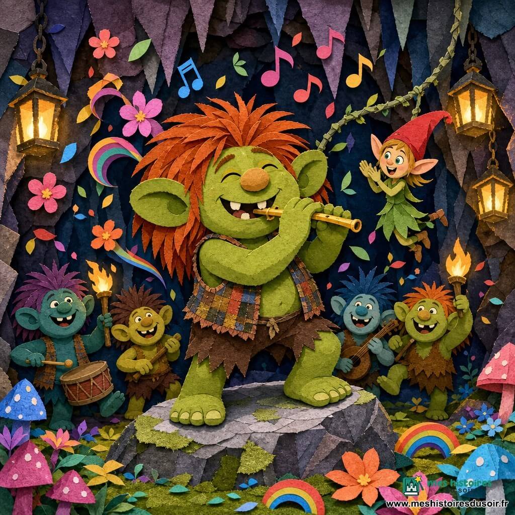 Un troll nommé Bob, joyeux et rêveur, peau vert mousse, grandes oreilles, nez rond, cheveux roussâtres, gilet à carreaux, sourit en jouant d'une petite flûte brillante sur un rocher pendant que des notes colorées flottent comme des bulles ; un petit lutin espiègle en robe verte et chapeau pointu rouge pend à une liane en applaudissant, tandis que trois ou quatre trolls ronds aux tons verts variés dansent en cercle avec torches et instruments dans une grotte accueillante aux murs de pierre, champignons lumineux rose et bleu, stalactites en papier découpé, tapis de mousse et lanternes dorées ; des fleurs multicolores, mini arcs-en-ciel et feuilles tourbillonnantes jaillissent au rythme de la musique, composition frontale en plan moyen, couleurs saturées, textures de papier visibles, ombres douces, ambiance festive, magique et chaleureuse.