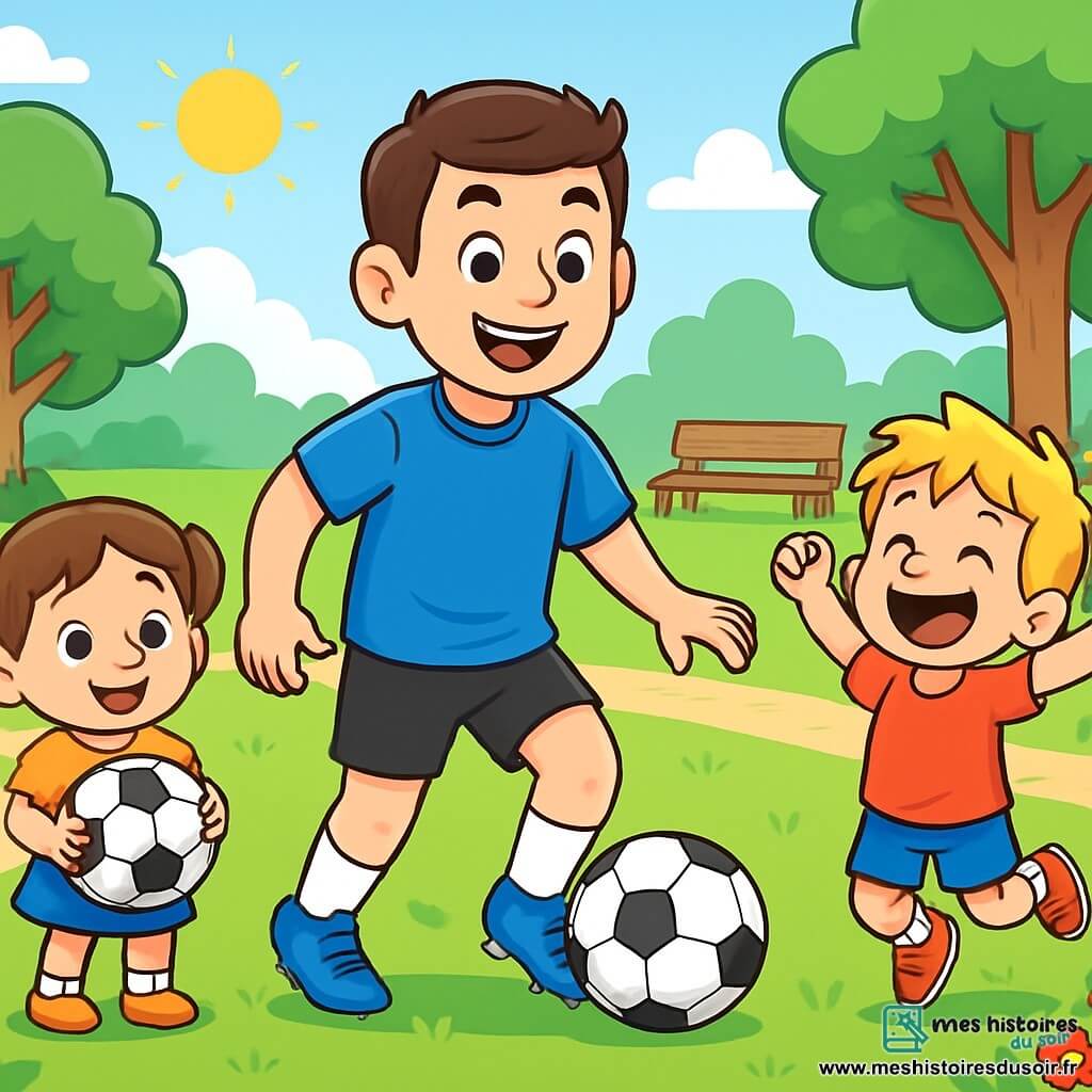 Un homme, Max, souriant et enthousiaste, dribble un ballon de football sur l'herbe verte du parc. Il porte un maillot bleu vif, des shorts noirs et des crampons brillants. À sa droite, Léo, un petit garçon de 8 ans aux cheveux blonds en bataille et portant un t-shirt rouge, saute de joie en admirant Max. À gauche, Emma, une petite fille de 7 ans avec des couettes brunes, tient un ballon de football et sourit. Le parc est ensoleillé, avec des arbres et des fleurs colorées. Des enfants jouent sur l'herbe, tandis qu'un banc en bois est visible en arrière-plan. Max encourage les enfants à jouer au football, créant une ambiance joyeuse.