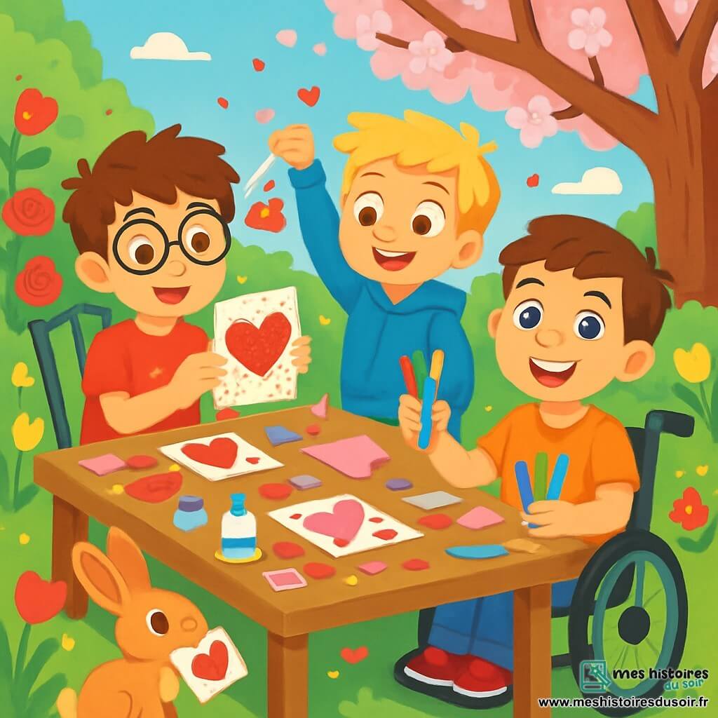 Trois personnages sont présents : Tom, un garçon de 8 ans avec des cheveux bruns en bataille et des lunettes rondes, assis sur une chaise de jardin avec une carte de Saint-Valentin pailletée ; Léo, également âgé de 8 ans, aux cheveux blonds, debout à côté de Tom avec un sachet de cœurs rouges, vêtu d'un sweat à capuche bleu ; et Max, un garçon châtain en fauteuil roulant, tenant des feutres multicolores et entouré de cartes. L'action se déroule dans le jardin de Tom, ensoleillé et fleuri, avec une table en bois remplie de fournitures d'art. Les trois amis créent des cartes de Saint-Valentin, souriants, tandis qu'un petit lapin les observe, tenant une carte.