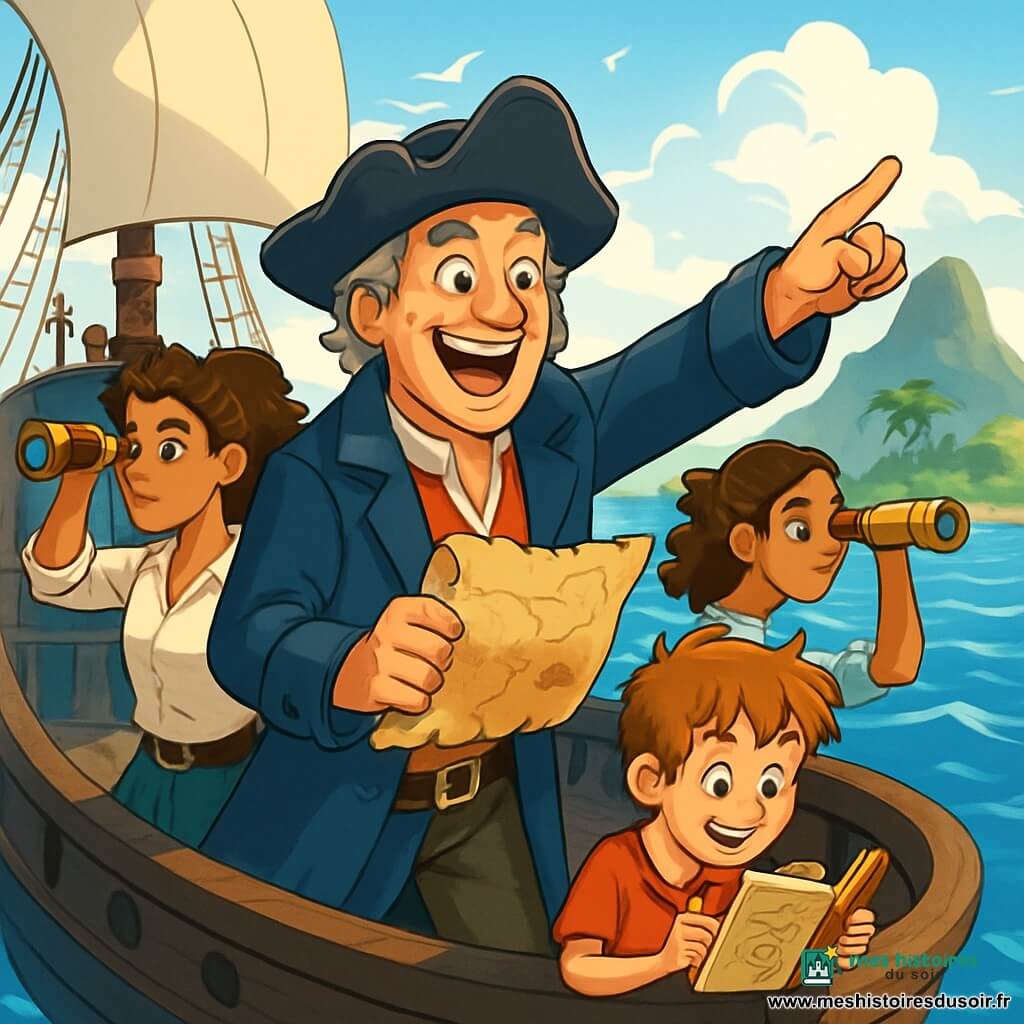Le capitaine Malo, un homme d'une cinquantaine d'années, porte un tricorne usé et un long manteau bleu marine. Son visage est marqué par des rides de rires et ses yeux pétillants brillent d'excitation. Il se tient sur le pont du Gaillard, souriant, tenant une vieille carte au trésor dans une main, l'autre levée, comme pour guider son équipage vers l'aventure. À ses côtés, Lison, une navigatrice d'environ 25 ans aux cheveux bouclés, scrute l'horizon avec une longue-vue, déterminée et enthousiaste. Un peu plus loin, P’tit Louis, un garçon de 10 ans, est assis sur le bord du bateau, feuilletant un carnet de croquis où il dessine des monstres marins. Le lieu est un vaste océan bleu avec des vagues scintillantes, et le Gaillard, un grand navire à la coque en bois sombre, vogue fièrement. En arrière-plan, une île mystérieuse se profile, entourée de brume. Le capitaine Malo a découvert un vieux parchemin révélant une carte au trésor, et l'équipage est en émoi, prêt pour une nouvelle aventure.