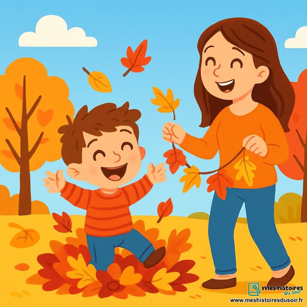 Un petit garçon de 4 ans, Léo, avec des cheveux bruns en bataille et des yeux pétillants de joie, saute dans une pile de feuilles d'automne. Il porte un pull rouge à rayures et un pantalon en jean, son sourire éclatant montre son émerveillement. Sa maman, une femme d'une trentaine d'années avec de longs cheveux châtains et un sourire chaleureux, se tient à côté de lui, riant tout en tenant une guirlande de feuilles colorées. Le décor est un parc d'automne, avec des arbres aux feuilles flamboyantes et un ciel bleu clair parsemé de nuages blancs. La scène montre Léo s'amusant dans les feuilles, tandis que sa maman l'encourage, créant une atmosphère joyeuse et chaleureuse.