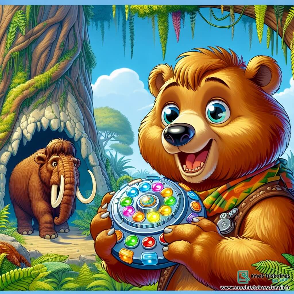 Un ours curieux nommé Léon, avec un pelage brun doré et des yeux pétillants, se tient au centre de la scène, émerveillé par un appareil brillant aux boutons multicolores. Il exprime surprise et enthousiasme, prêt à toucher cet objet magique. À proximité, un mammouth majestueux, avec une fourrure épaisse et de grandes défenses, observe Léon avec douceur. Le décor est une forêt préhistorique avec des arbres géants et un ciel bleu clair. Léon découvre l'appareil temporel, prêt pour une aventure incroyable, tandis que le mammouth, intrigué, ajoute une touche de magie à ce moment.