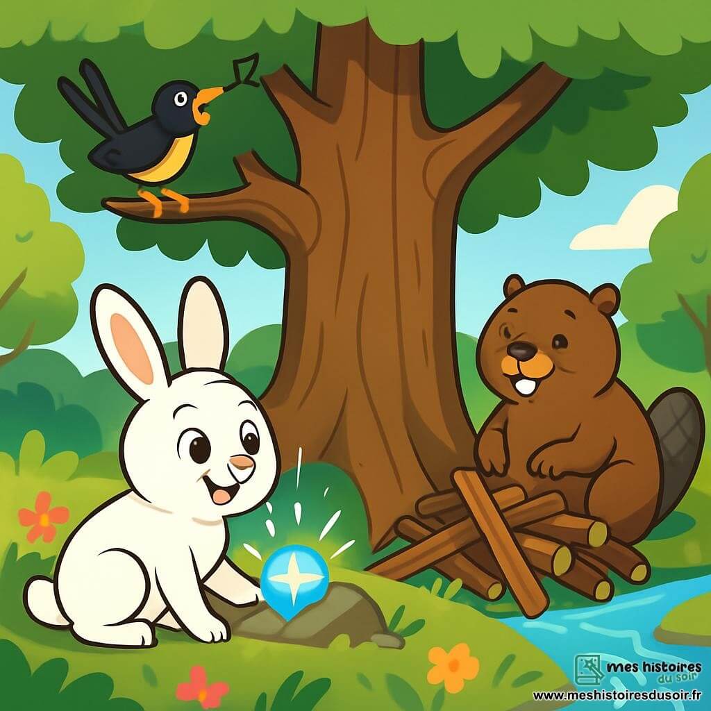 Un jeune lapin nommé Flocon, avec une fourrure blanche et des yeux curieux, se tient devant un vieux chêne majestueux, ses oreilles dressées et un sourire émerveillé. À ses côtés, Gribouille, le castor brun, construit un barrage en bois en admirant Flocon. Siffleur, le merle, chante joyeusement sur une branche, ses plumes scintillant au soleil. La scène se déroule dans une clairière baignée de lumière dorée, entourée d'arbres et de fleurs, avec un ruisseau serpentant à proximité. Flocon découvre une pierre magique cachée entre les racines du vieux chêne, illuminant son visage d'émerveillement et de promesses d'aventures.
