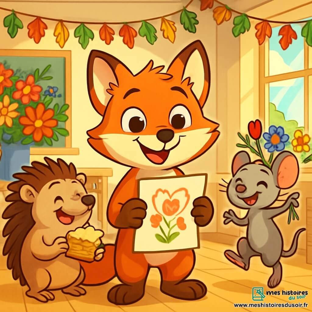 Filou, un jeune renard à la fourrure rousse et aux yeux dorés, sourit en tenant un poème fait main dans une salle de classe décorée de guirlandes colorées. À sa droite, Plume, une petite souris grise, saute de joie avec un bouquet de fleurs sauvages, tandis qu'à gauche, Léo, un hérisson brun, rit en tenant une part de gâteau. La scène se déroule dans une classe ensoleillée, où des rayons de lumière illuminent les décorations et les sourires. Filou, entouré de ses amis, célèbre la fête des mères en lisant son poème, créant une ambiance joyeuse et festive.