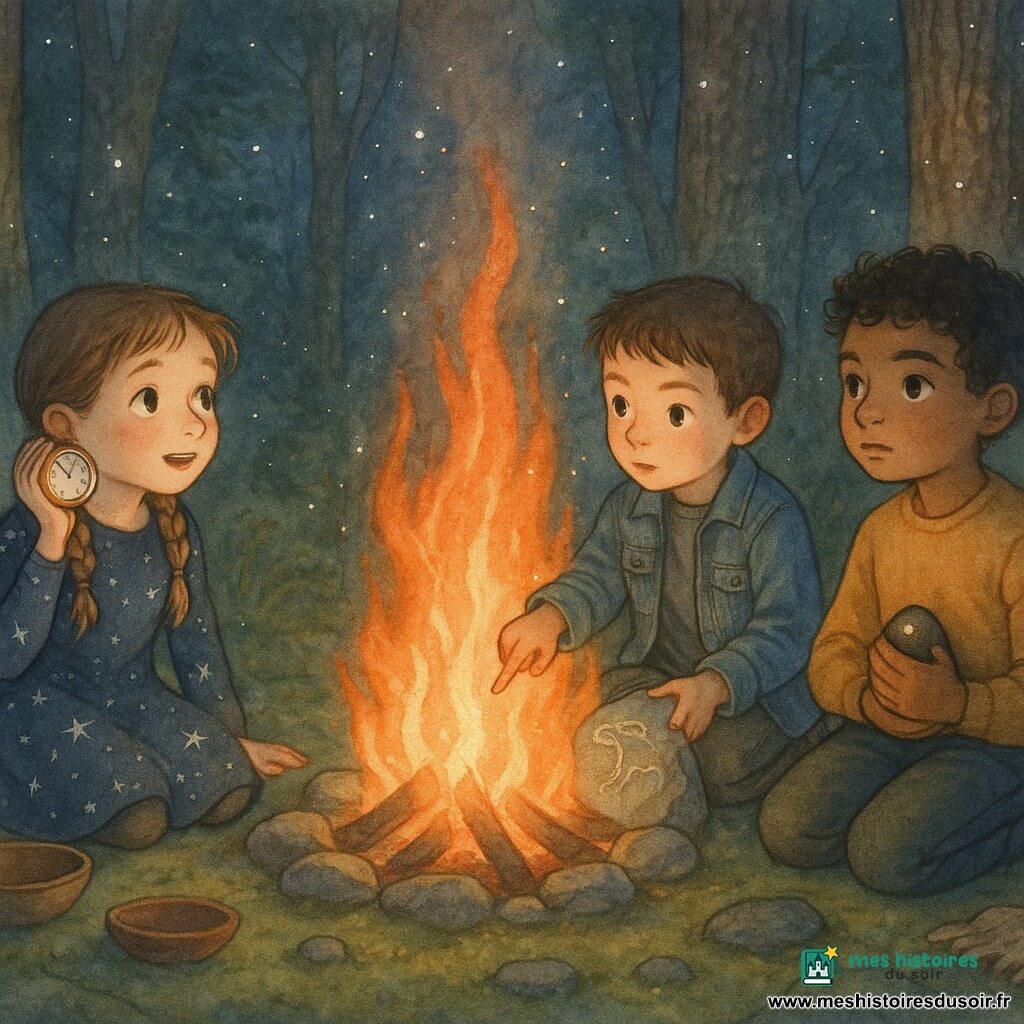 Trois enfants de neuf ans sont assis en cercle dans une clairière au crépuscule autour d'un grand feu : Lila, cheveux châtain clair en tresses, robe bleu nuit étoilée, tient une petite montre ronde contre l'oreille et regarde le feu émerveillée à gauche ; Tom, cheveux courts bruns en veste denim et pantalon kaki, au centre, montre un dessin gravé sur une pierre en tenant un morceau de charbon ; Sami, peau hâlée et cheveux bouclés noirs en pull moutarde, à droite, serre une pierre noire lisse et une perle brillante en observant le feu avec sérieux. Le sol est mousseux, des pierres peintes et des bols en bois sont posés près du feu dont les flammes orangées projettent une lumière chaude et des étincelles flottantes ; l'ambiance est intime, respectueuse et émerveillée, traitée en aquarelle aux rehauts blancs sur les étincelles et les contours.