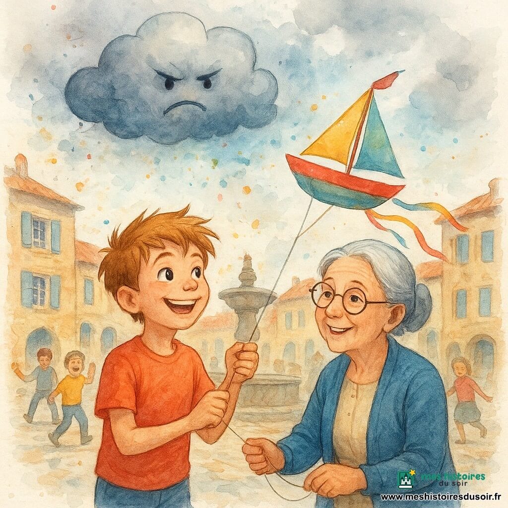 Théo, un garçon de 10 ans aux cheveux châtain clair ébouriffés et au sourire malicieux, tient un cerf-volant-bateau coloré avec excitation dans les yeux. Sa grand-mère, environ 70 ans, avec des lunettes rondes et un chignon gris, se tient à côté de lui, souriante, tenant la ficelle du cerf-volant. Ils sont sur la place du village, entourés de maisons en pierre aux volets colorés et d'une fontaine ancienne, avec des enfants rieurs autour. Le ciel est nuageux, avec Nuage N°7 flottant au-dessus. La scène montre Théo et sa grand-mère lançant le cerf-volant, entourés de rires et de joie.