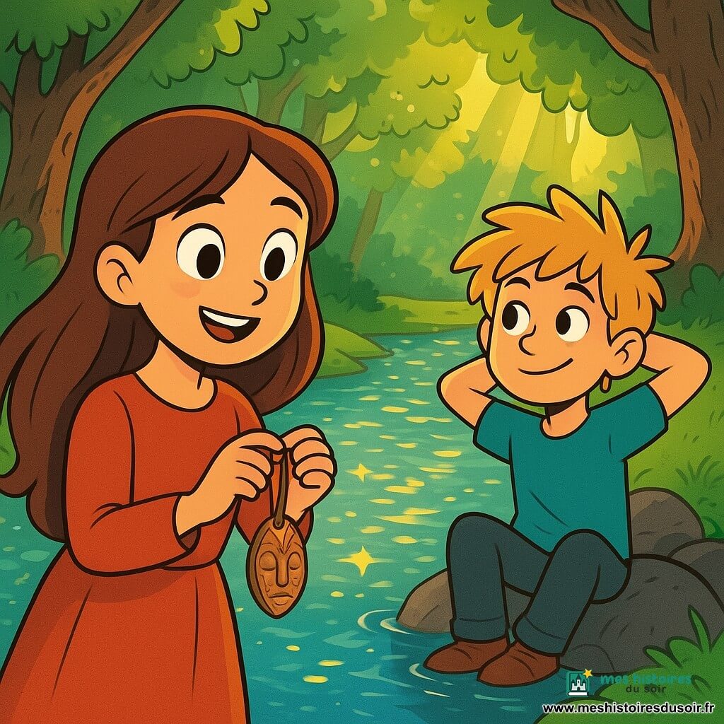 Hilda, une jeune femme aux longs cheveux bruns et aux yeux curieux, se tient au bord d'une rivière scintillante, souriante et tenant une amulette en bois sculpté. À ses côtés, Arno, un garçon de dix ans aux cheveux blonds en bataille, observe la rivière, assis sur un rocher avec les bras croisés derrière la tête. La scène se déroule dans une clairière entourée de grands arbres, où des rayons de soleil créent des éclats dorés sur l'eau. Hilda, pleine d'espoir, s'apprête à plonger l'amulette dans l'eau claire pour découvrir les secrets de la Dame de la Rivière.