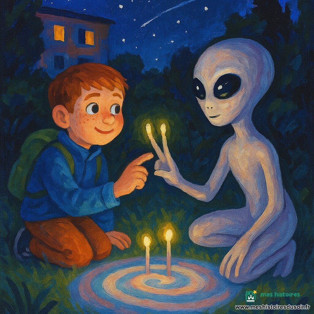 Noé, 10 ans, visage rond et taches de rousseur, accroupi en blouson bleu et sac à dos vert, tend la main vers Liri, extraterrestre à la peau gris nacré et trois doigts lumineux; ils se touchent au-dessus de petites lampes autocollantes formant une spirale lumineuse qui pulse doucement dans un jardin nocturne intime, éclairant leurs visages, rendu comme une peinture acrylique aux coups de pinceau visibles, textures épaisses et reflets nacrés, composition centrée sur leurs mains.