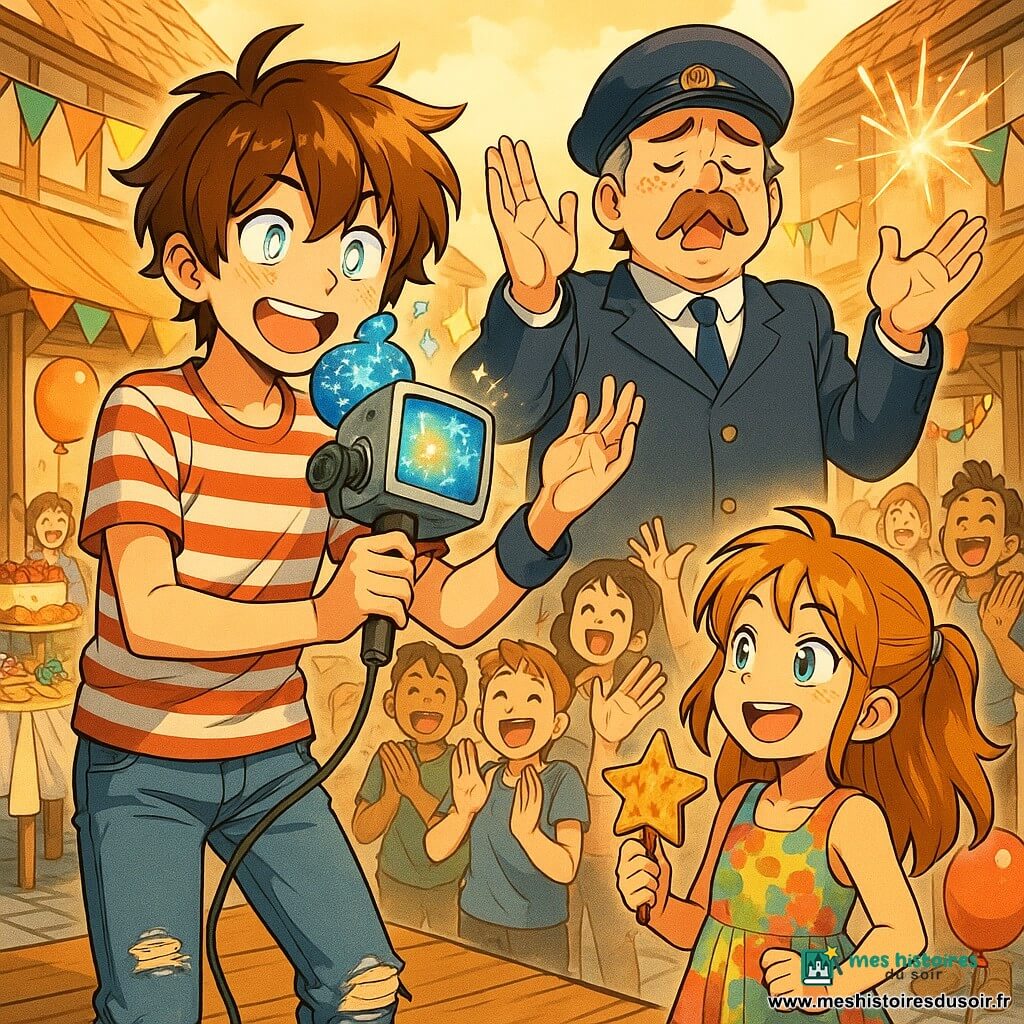 Malo, adolescent d’environ 13 ans, cheveux châtain en bataille, t-shirt rayé et jean râpé, tient sur scène un casque bricolé au petit écran lumineux et mousse bleue étoilée autour du micro en parlant au public; Lila, sa petite sœur de 9 ans en robe colorée, malicieuse et fière, tient une crêpe en forme d’étoile au premier rang; Monsieur Caron, le facteur d’environ 50 ans, visage rougi et moustache, est à côté de Malo en faisant un grand soupir théâtral; des voisins — adultes et enfants — applaudissent et rient au pied de la scène, quelques ballons colorés flottent; la place du village est pavée, avec stands en bois et guirlandes, arbres en arrière-plan et lumière dorée de fin d’après-midi; l’écran du casque clignote des phrases drôles, la mousse étoilée est bien visible, un ballon éclate en arrière-plan créant un petit effet lumineux, l’atmosphère est chaleureuse, comique et bienveillante.