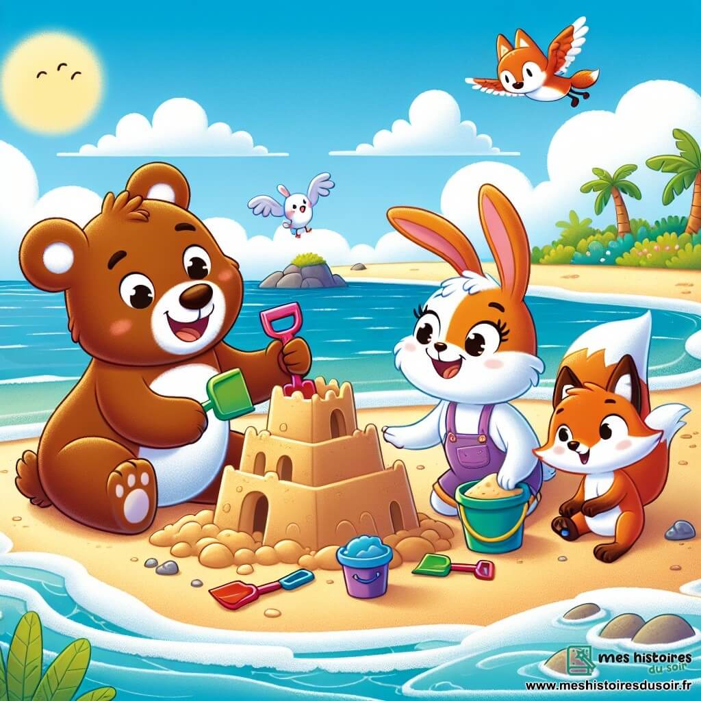 Un ours nommé Oliver, au pelage brun et aux yeux pétillants, construit un château de sable sur une plage ensoleillée, souriant avec une pelle colorée. À ses côtés, Lila la lapine, au pelage blanc, saute de joie avec un seau de sable, tandis que Max le renard, au pelage roux, les encourage depuis un rocher. La plage est entourée de palmiers, les vagues lèchent le rivage et le ciel est bleu avec quelques nuages. Des oiseaux volent en arrière-plan, ajoutant de la vie à cette scène estivale où Oliver et ses amis profitent de leur été en créant leur château de sable.