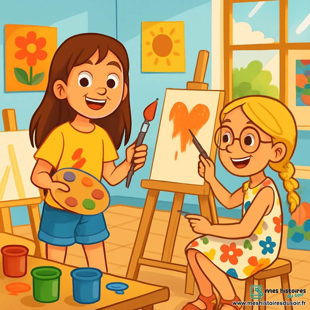 Il y a deux personnages principaux : Zoé, une fille de 10 ans avec de longs cheveux bruns, des yeux pétillants, un t-shirt jaune et un short en jean, souriante et tenant une palette de peinture et un pinceau ; et Léa, également âgée de 10 ans, avec des cheveux blonds en tresse, des lunettes rondes, une robe à fleurs colorées et des sandales, assise sur un tabouret en train de dessiner sur une toile. L'action se déroule dans une grande salle lumineuse d'un centre de loisirs, avec des murs bleus clairs, des fenêtres laissant entrer la lumière, des chevalets en bois et des pots de peinture colorés sur les tables. Zoé et Léa s'amusent à créer des tableaux, avec des éclaboussures de peinture sur leurs vêtements et des visages rayonnants de bonheur.