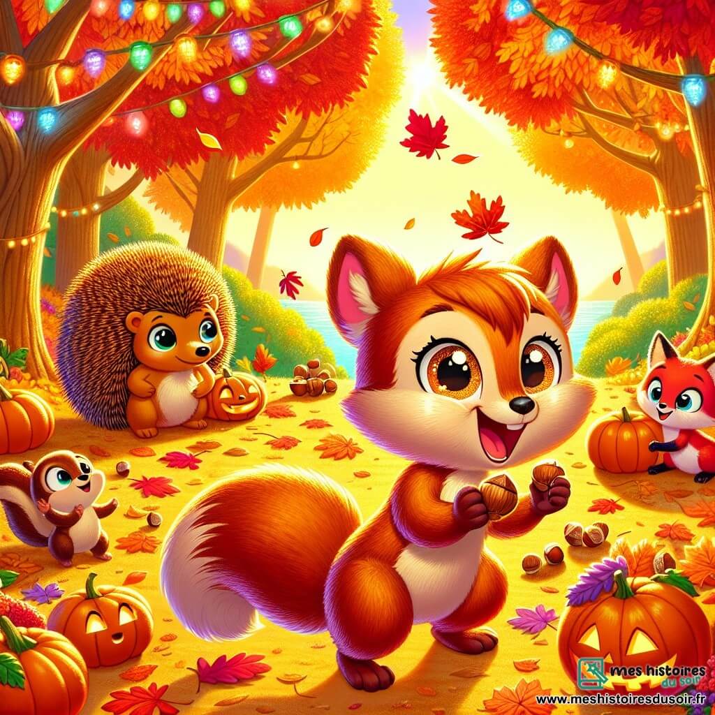 Un jeune écureuil nommé Léon, aux yeux pétillants et au pelage brun doré, se tient joyeusement dans une clairière ensoleillée, entouré de feuilles d'automne colorées. Il sourit en tenant une noisette, prêt à la partager avec ses amis. À ses côtés, Malo le hérisson observe une feuille tombante, tandis que Zoé la renarde s'approche avec une petite pomme rouge et un grand sourire. La clairière est décorée de guirlandes de feuilles et de lanternes en citrouille, baignée par la lumière dorée du soleil couchant. Léon et ses amis se rassemblent autour d'une grande table en bois remplie de délices d'automne, prêts à célébrer la fête des récoltes dans une atmosphère chaleureuse et festive.