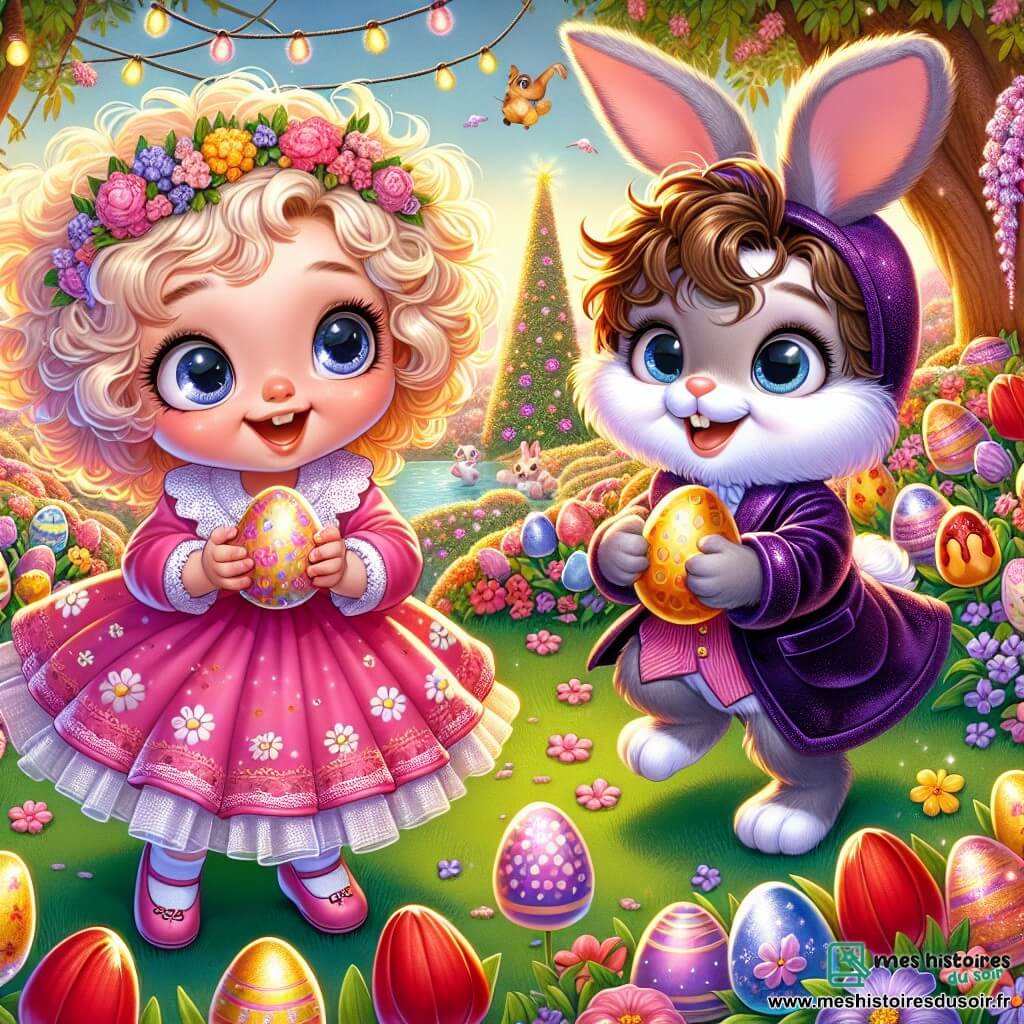 Une petite fille de 6 ans, Lila, aux grands yeux brillants et aux cheveux bouclés, sourit en ramassant des œufs colorés dans un jardin enchanté. Elle porte une robe rose à motifs de fleurs. À ses côtés, un lapin nommé Benjamin, en manteau de velours violet, saute joyeusement avec un œuf doré. Le jardin est rempli de fleurs éclatantes et d'arbres en sucre d'orge, tandis que des animaux joyeux ajoutent à l'ambiance festive. Lila et Benjamin célèbrent ensemble la joie de Pâques dans ce décor féerique.