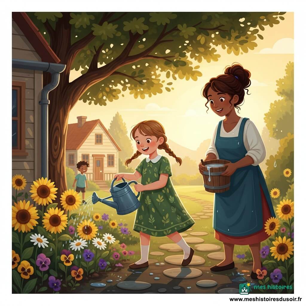 Lila, 8 ans, cheveux châtain clair en deux nattes et robe verte à motifs de feuilles, sourit émerveillée en arrosant des fleurs avec un arrosoir en métal bleu tandis que sa tante Émilie, ~35 ans, cheveux bouclés bruns en chignon et sourire chaleureux, tient un seau en bois rempli d'eau de pluie près d'une gouttière sous un grand chêne aux feuilles détaillées; parterre de tournesols, marguerites et pensées, sentier en dalles et petite maison en bois crème en arrière-plan, lumière dorée du coucher, gouttes scintillantes et terre humide, scène paisible et joyeuse montrant leur soin protecteur de la nature.