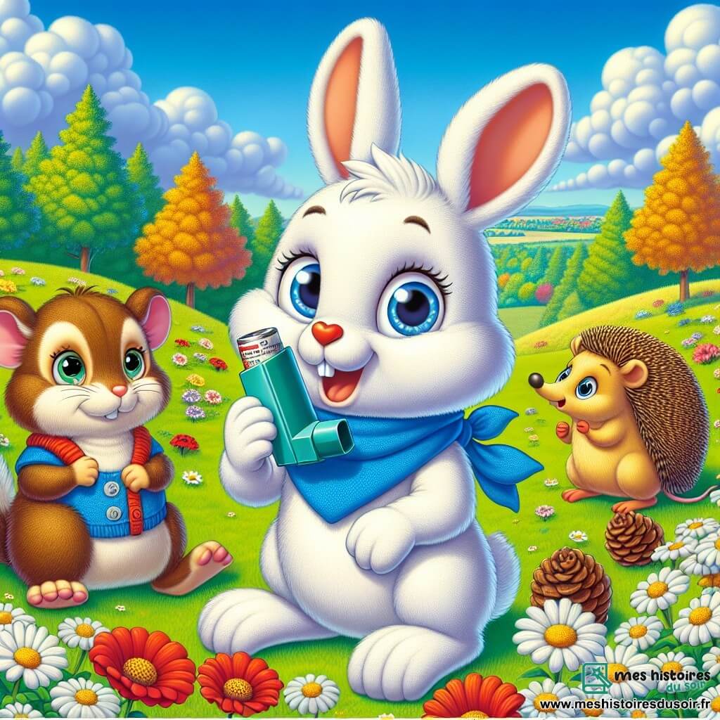 Un petit lapin blanc nommé Lundi, portant un foulard bleu vif, se tient au centre de l'image avec un sourire déterminé, tenant un inhalateur. À sa droite, Marguerite la souris, admirative, lui offre un verre d'eau. À gauche, Polo le hérisson, concentré, jongle avec des pommes de pin. Le décor est un champ verdoyant avec des marguerites et des coquelicots, sous un ciel bleu clair. La scène illustre Lundi surmontant une crise d'asthme, entouré de ses amis qui l'encouragent, mettant en avant la force de l'amitié face à la maladie.