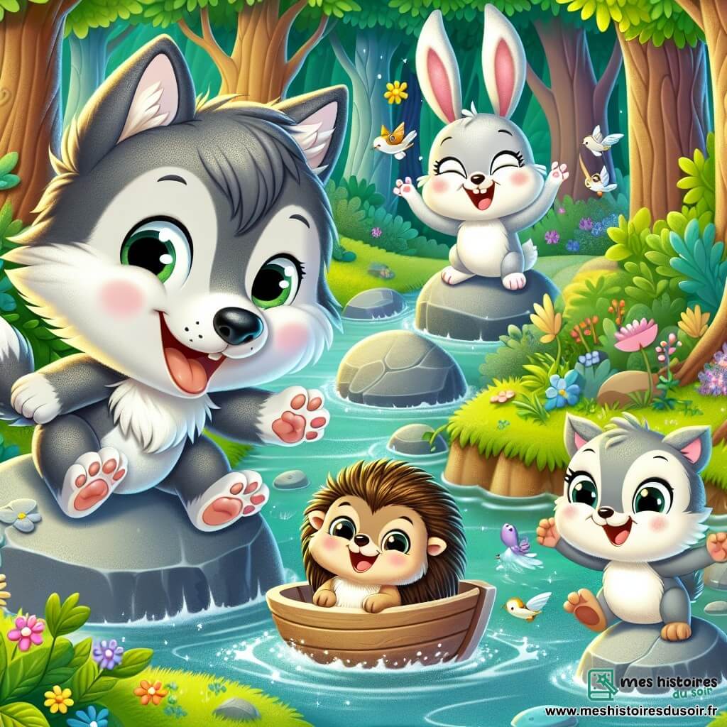 Petit Loup, un loup mignon au pelage gris et aux yeux malicieux, rit aux éclats en regardant son bateau en pierre flotter dans le ruisseau. À ses côtés, Grignote le lapin, aux grandes oreilles et au pelage blanc, saute de joie en montrant le bateau. Zigzag le hérisson, avec ses piquants dorés, est accroupi près du ruisseau, riant de voir le bateau dériver. Flocon le petit oiseau, aux plumes blanches, vole au-dessus d'eux en chantant. Ils se trouvent dans une belle forêt verdoyante, avec des arbres majestueux et un ruisseau scintillant. Les quatre amis s'amusent ensemble, créant une ambiance de camaraderie et de joie.