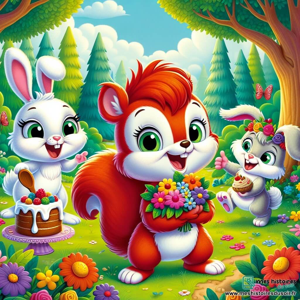 Timmy, un petit écureuil aux poils roux et aux yeux pétillants, se tient au centre de la scène, souriant avec un bouquet de fleurs colorées dans ses pattes, prêt à surprendre sa maman. À ses côtés, Lola, une lapine à la fourrure blanche, saute de bonheur avec une cuillère en bois, comme si elle avait préparé quelque chose de délicieux. Max, un petit hérisson, sourit en tenant un gâteau décoré de baies. La scène se déroule dans une forêt enchantée, avec des arbres majestueux, des fleurs multicolores et un ciel bleu clair. Timmy et ses amis préparent une surprise pour la fête des mères, entourés de rires et de joie, célébrant l'amour et l'amitié.