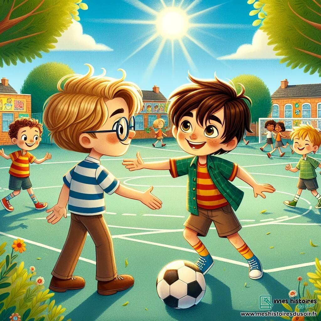 Dans une cour d'école ensoleillée, trois garçons sont au centre de l'image. Léo, neuf ans, avec des cheveux bruns en bataille et des lunettes rondes, sourit en tendant la main vers Tom. Max, également neuf ans, avec des cheveux blonds, jongle joyeusement avec un ballon de foot. Tom, aux cheveux châtains et aux yeux tristes, regarde Léo avec un sourire timide, se sentant enfin accepté. La cour est entourée de murs colorés et d'arbres verdoyants, avec d'autres enfants jouant en arrière-plan. Léo et Max encouragent Tom à les rejoindre pour jouer au foot, symbolisant l'amitié et le soutien face au harcèlement, tandis que le soleil brille, créant une ambiance chaleureuse.