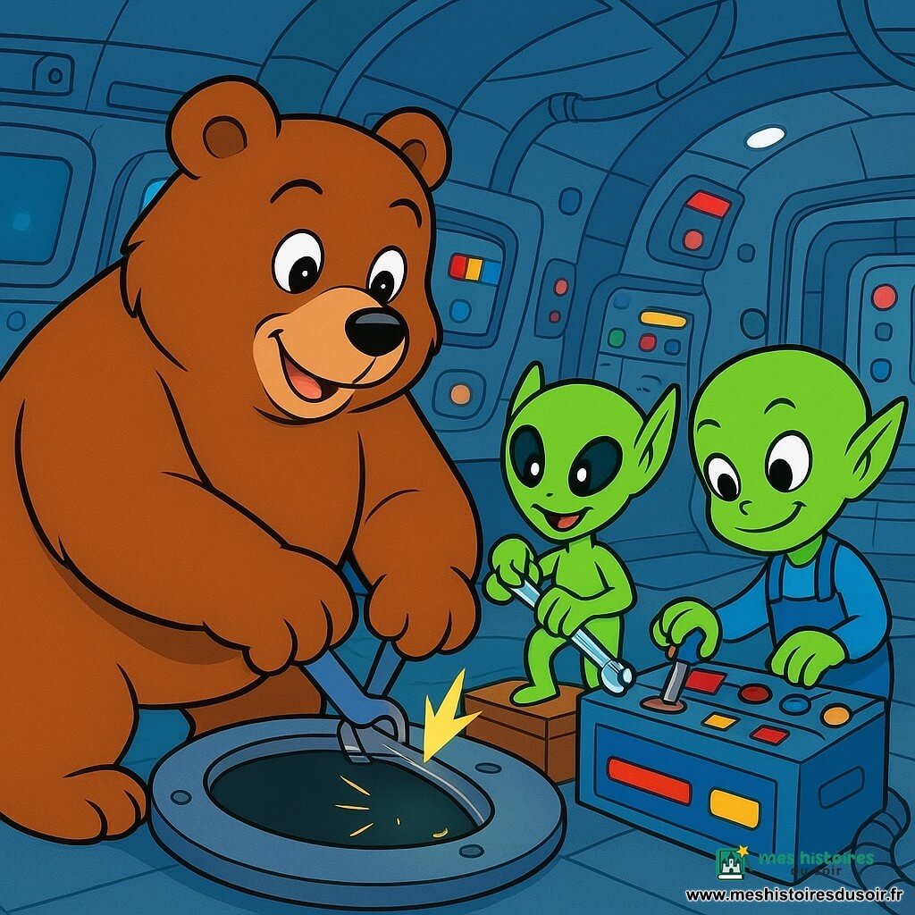 Un grand ours brun pelucheux aux yeux ronds, expression déterminée et joyeuse, retient ouverte une trappe métallique; deux petits extraterrestres verts à grands yeux noirs l'aident — l'un serre un boulon avec une clé lumineuse debout sur une caisse, l'autre, plus petit et portant un tablier d'outils, ajuste un levier sur un panneau de commande; intérieur d'une navette souterraine atelier aux murs métalliques arrondis, écrans et boutons clignotants, câbles et lampes diffusant une lumière bleue; ambiance chaleureuse et aventureuse, trappe à moitié ouverte avec légères étincelles.