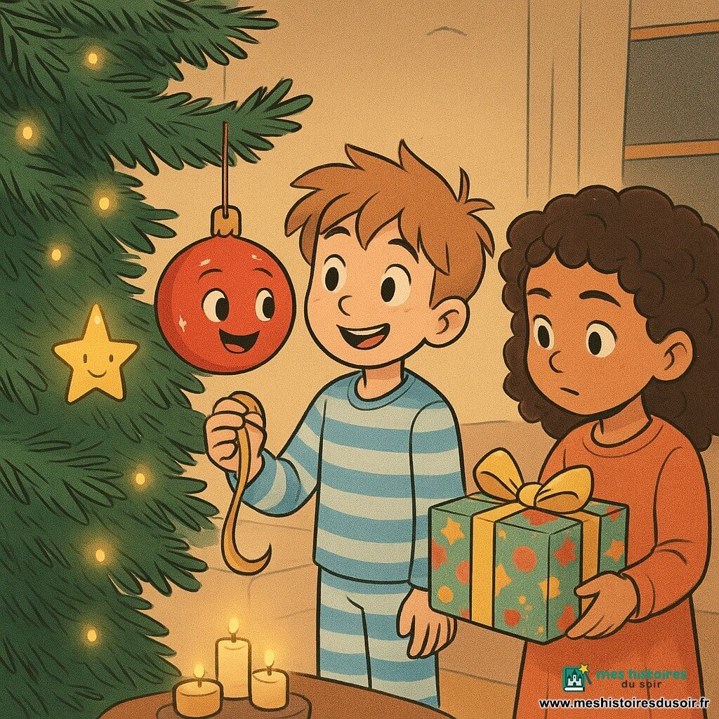 Une boule de Noël rouge et brillante, appelée Bulle, est suspendue à une branche de sapin et scintille joyeusement. À côté, une petite étoile dorée vibre doucement. Léon, un jeune garçon aux cheveux ébouriffés, se tient près du sapin en pyjama rayé, souriant émerveillé, avec un ruban doré en main. Inès, une fillette aux cheveux bouclés et concentrée, est à côté de Léon avec un paquet cadeau coloré. La scène se passe dans un salon chaleureux décoré pour Noël, avec un grand sapin illuminé et des bougies sur une table basse. L'instant montre un moment de partage et de découverte, où la magie de Noël brille dans les yeux des enfants et la douce lumière des décorations.