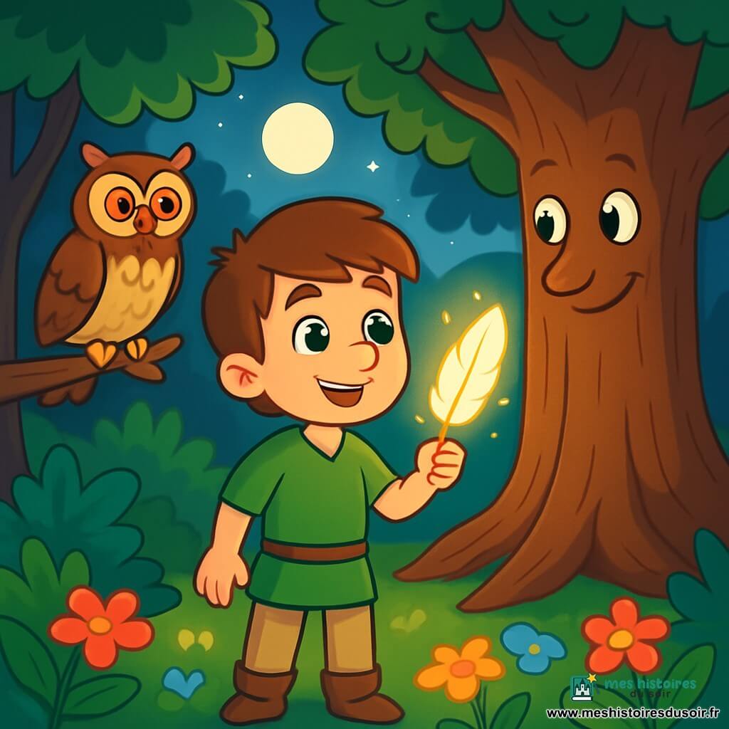 Léo, un jeune homme souriant aux cheveux châtains, se tient au centre d'une forêt enchantée. Ses yeux brillent d'émerveillement et de détermination. Il porte une tunique verte et un pantalon beige, tenant une plume lumineuse. À ses côtés, un hibou aux yeux de cuivre l'observe. Un grand chêne majestueux semble écouter Léo. La lumière de la lune filtre à travers les feuilles, créant un jeu d'ombres. Léo se prépare à offrir la plume au chêne pour briser la malédiction de la forêt, tandis que des fleurs colorées s'épanouissent autour de lui.