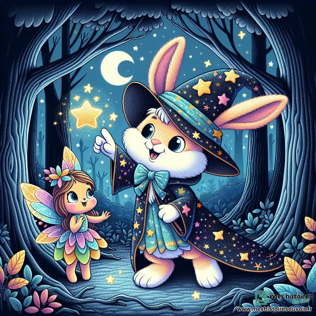 Léo, un lapin au pelage doux et aux grandes oreilles, porte un costume de sorcier avec une cape étoilée et un chapeau pointu. Sourire déterminé, il lève une patte pour faire briller des étoiles autour de lui. À ses côtés, une petite fée aux ailes colorées, vêtue de pétales de fleurs, l'admire depuis une branche d'arbre, prête à l'aider. En arrière-plan, une forêt sombre et mystérieuse avec des arbres tordus et des feuilles scintillantes sous la lune crée une atmosphère magique. La scène montre Léo utilisant sa magie pour illuminer la nuit d'Halloween, entouré d'étoiles, tandis que la fée l'encourage, symbolisant l'amitié et le courage face à l'inconnu.