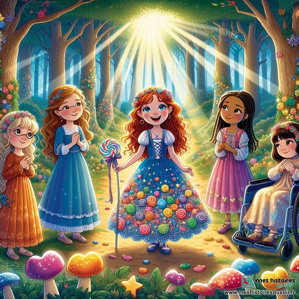 Dans une forêt enchantée, quatre amies se tiennent au centre de la scène. Mia, 10 ans, cheveux bouclés et roux, porte une robe colorée à motifs de bonbons. À sa gauche, Léa, 9 ans, cheveux blonds et lunettes rondes, regarde le ciel, vêtue d'une tunique bleue. À droite, Zoé, 10 ans, cheveux châtains, brandit une boîte de bonbons, sa robe scintillante reflétant la lumière. Émilie, 10 ans, cheveux bruns en tresse, est assise dans son fauteuil roulant décoré de fleurs, souriante. La forêt est peuplée d'arbres aux troncs colorés, de feuilles en forme de cœurs et de champignons lumineux. Des rayons de soleil créent une atmosphère magique. Les amies viennent de rencontrer un grand troll à la barbe en bataille, qui leur propose un jeu de devinettes pour trouver un artefact magique. L'excitation et l'amitié se lisent sur leurs visages alors qu'elles se préparent à relever le défi.