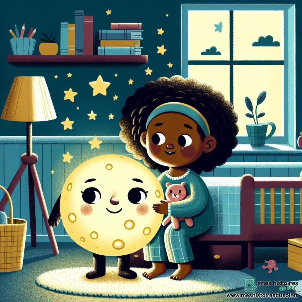 Illustration d'une petite fille aux cheveux bouclés, souriante, assise sur son lit avec un doudou. Elle observe curieusement sa chambre dans l'obscurité. À côté, une veilleuse en forme de lune diffuse une douce lumière jaune, affichant une expression à la fois inquiète et déterminée pour rassurer la fillette. La chambre d'enfant est chaleureuse, avec des murs bleu pastel, des étagères de livres colorés et un tapis moelleux. La lumière tamisée crée des ombres douces, et une fenêtre montre un ciel étoilé, ajoutant de la magie. La scène montre la fillette et la veilleuse prêtes pour une aventure nocturne, transformant la peur en curiosité. Des jouets sont éparpillés, une couverture en désordre sur le lit, et des étoiles brillantes à travers la fenêtre, créant une ambiance apaisante et intrigante.