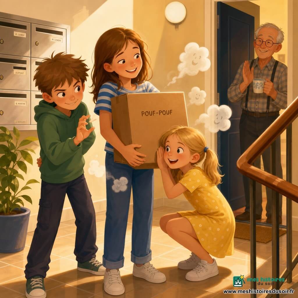 Zoé, 12 ans, sourire soulagé, cheveux châtains mi-longs, t-shirt rayé bleu, tient contre elle un grand carton brun marqué "POUF-POUF" qu'elle regarde avec amusement ; Malo, ~10 ans, regard malicieux, cheveux courts en bataille, sweat vert, se tient légèrement derrière elle en posture d'agent secret, mimant un "pouf" ; Inès, ~8 ans, petite, couettes blondes, robe jaune, accroupie et collant l'oreille au carton, émerveillée ; Monsieur Lenoir, vieil homme aux lunettes rondes et chemise à carreaux, apparaît à la porte en arrière-plan avec un mug et applaudit doucement ; palier d'immeuble clair et chaleureux (carrelage beige brillant, boîtes aux lettres, plante en pot, rampe en bois) baigné d'une lumière douce de fin de matinée ; scène centrée sur le carton d'où s'échappent de petits "pouf" dessinés, ambiance complice et tendre, palette de tons chauds (ocre, jaune, bleu délavé) et contrastes doux.