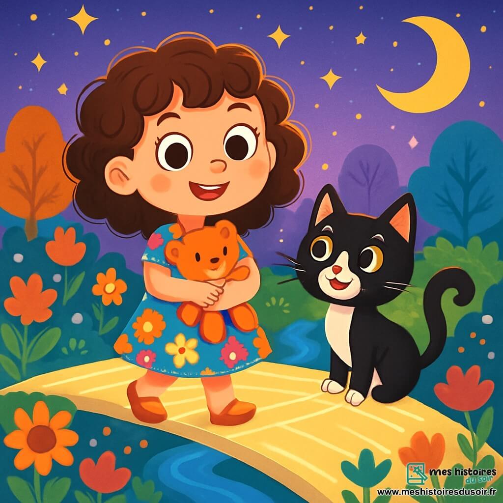 Une petite fille de 6 ans, Lina, avec de grands yeux ronds et des cheveux bouclés, se tient sur un pont fait de rayons de lune, souriante et curieuse. Elle porte une robe légère à motifs floraux et serre son doudou. À ses côtés, un petit chat noir et blanc, le Chat Boussole, l'observe avec malice. En arrière-plan, un jardin magique avec des fleurs éclatantes et des arbres étranges s'étend sous un ciel étoilé violet et doré, tandis qu'un ruisseau murmure à proximité. Lina et le Chat Boussole marchent ensemble sur le pont de lune, prêts à explorer l'île blanche qui les attend, leurs visages exprimant excitation et émerveillement.