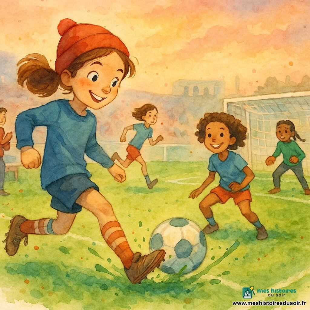 Maëva, confiante et souriante, bonnet rouge, queue de cheval châtain clair, en train de faire une passe décisive du pied droit en maillot bleu et chaussettes rayées avec éclaboussures de peinture verte autour du ballon ; Lucie, fine et dynamique, court en arrière-plan vers le but ; Salomé, bouclée et souriante, près du but, jambes fléchies, reçoit la passe et prépare son tir ; Aïcha, gardienne tressée d’environ 11 ans, gants prêts, se tient attentive devant le but ; Mme Lila, coach à la veste de sport, applaudit près du banc ; le stade montre une pelouse verte texturée à l’aquarelle, lignes blanches nettes, poteaux blancs, gradins flous et ciel rose-orangé au coucher de soleil, capturant un moment intense et lumineux juste avant le but.