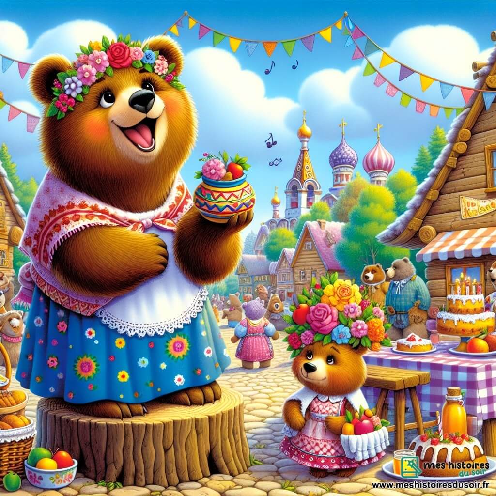 Un petit ours brun nommé Boris se tient sur une souche, rayonnant de fierté. Il tient un pot décoré de fleurs, rempli de papiers colorés, et chante joyeusement pour sa maman. À côté, sa maman, une grande ourse douce, l'écoute avec bonheur, entourée de guirlandes de fleurs. En arrière-plan, la place du village est animée, ornée de nappes à carreaux, de gâteaux de miel et de fruits colorés, sous un ciel bleu. Les autres ours participent à la fête, créant une atmosphère chaleureuse. La scène célèbre l'amour et la joie de la fête des mères.