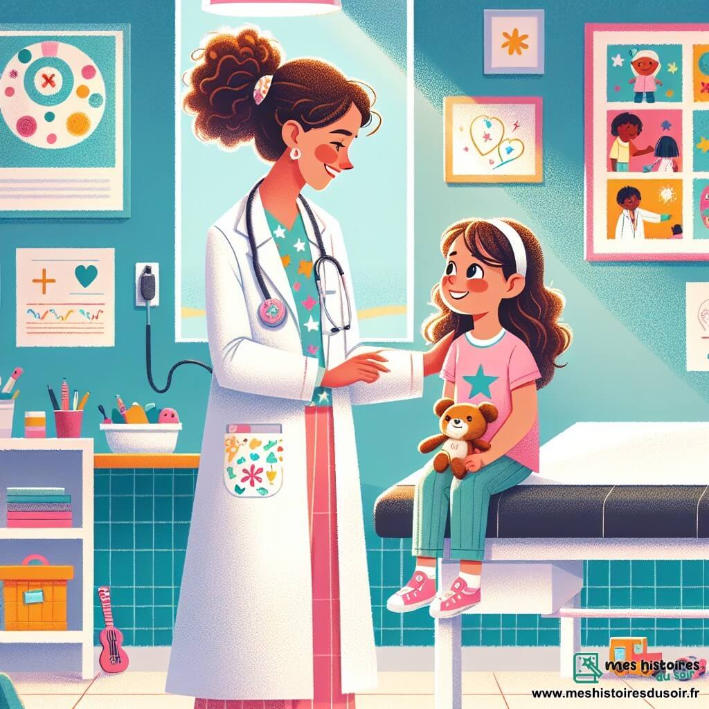Clara, médecin d'une trentaine d'années, a des cheveux châtains bouclés et porte une blouse blanche à motifs colorés. Elle sourit chaleureusement en examinant Mia, une petite fille de six ans aux longs cheveux bruns, vêtue d'un t-shirt rose avec des étoiles. Mia, assise avec un léger sourire et un jouet en peluche, écoute Clara qui lui parle doucement. La scène se déroule dans une clinique lumineuse aux murs colorés, décorée de dessins d'enfants et d'affiches éducatives. Clara rassure Mia après une petite chute, transformant l'inquiétude en une expérience joyeuse et chaleureuse.