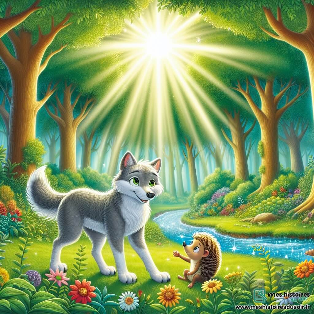 Un loup nommé Léo, au pelage doux et argenté, se tient dans une clairière ensoleillée, souriant et tendant la patte vers un hérisson inquiet nommé Hugo, qui cherche du réconfort. La clairière est entourée d'arbres majestueux et de fleurs colorées, créant une atmosphère magique. Au fond, un ruisseau scintille sous le soleil. Léo réconforte son ami hérisson, prêt à l'aider à retrouver sa maman, symbolisant l'amitié et le courage.