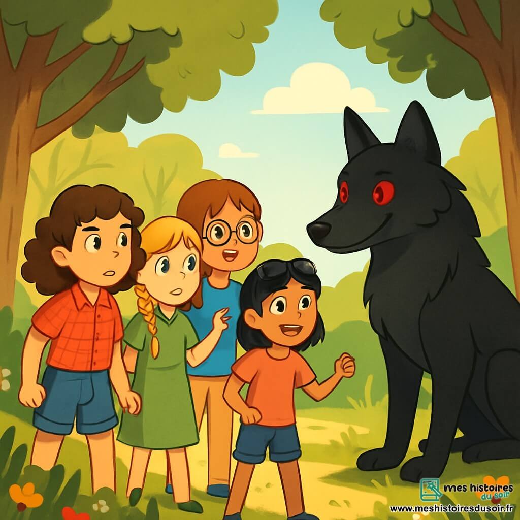 Quatre filles de 11 ans se tiennent dans une clairière ensoleillée, entourées d'arbres. Clara, aux cheveux bruns et bouclés, porte une chemise rouge à carreaux et un short en jean, regardant le loup avec détermination. Lila, avec ses longs cheveux blonds tressés et une robe verte, est en retrait, inquiète. Émilie, aux cheveux châtains et lunettes rondes, sourit en portant un t-shirt bleu et un pantalon beige, prête à parler au loup. Jade, avec des cheveux noirs et des lunettes de soleil, est en t-shirt rose et short, affichant un air courageux. La clairière est lumineuse, avec des fleurs colorées et des rayons de soleil créant des ombres dansantes. Un loup majestueux, à la fourrure noire et aux yeux rouges brillants, se tient amicalement au fond, prêt à écouter les filles, qui s'approchent avec courage et curiosité pour lui prouver qu'il n'est pas un monstre.