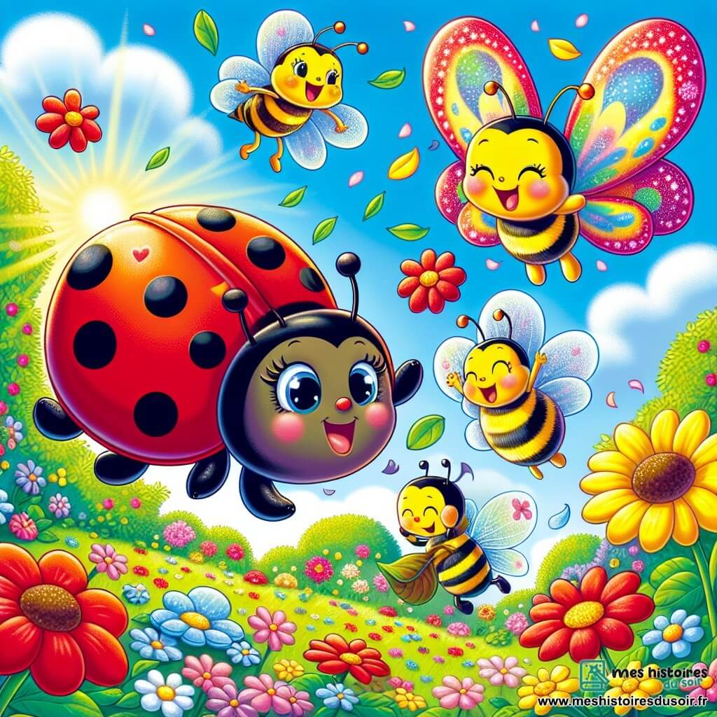 Une coccinelle rouge avec des points noirs, nommée Coccinelle, vole joyeusement au-dessus d'un jardin coloré, ses ailes translucides brillent sous le soleil. À côté d'elle, une abeille jaune et noire, Buzz, vole en cercles, rassemblant des fleurs pour le festival. Un papillon multicolore, Papillon, danse dans les airs, tandis qu'une fourmi déterminée transporte une feuille. Le jardin est rempli de fleurs éclatantes, d'arbres en fleurs et d'un ciel bleu clair. Coccinelle et ses amis préparent un festival de printemps, décorant le jardin et célébrant la beauté de la saison.