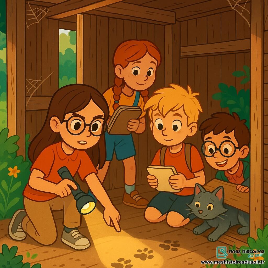 Quatre enfants, deux filles et deux garçons, se trouvent dans une vieille cabane en bois au parc. Léa, 10 ans, avec de longs cheveux bruns et des lunettes rondes, tient une lampe de poche et montre des traces de pattes dans la poussière. À sa droite, Tom, 9 ans, aux cheveux blonds en bataille, regarde avec curiosité, carnet en main. Derrière eux, Sarah, 10 ans, avec des cheveux roux et des tresses, examine une vieille planche, tandis qu'Hugo, 8 ans, avec des lunettes et un sourire malicieux, caresse Grisou, le chat gris coincé derrière la planche. La cabane en bois vieilli est entourée de buissons et de fleurs sauvages, avec des toiles d'araignées et des rayons de soleil filtrant. Les enfants découvrent Grisou, le chat perdu de Mme Dupont, et l'aident à sortir, montrant leur esprit d'équipe et leur détermination.