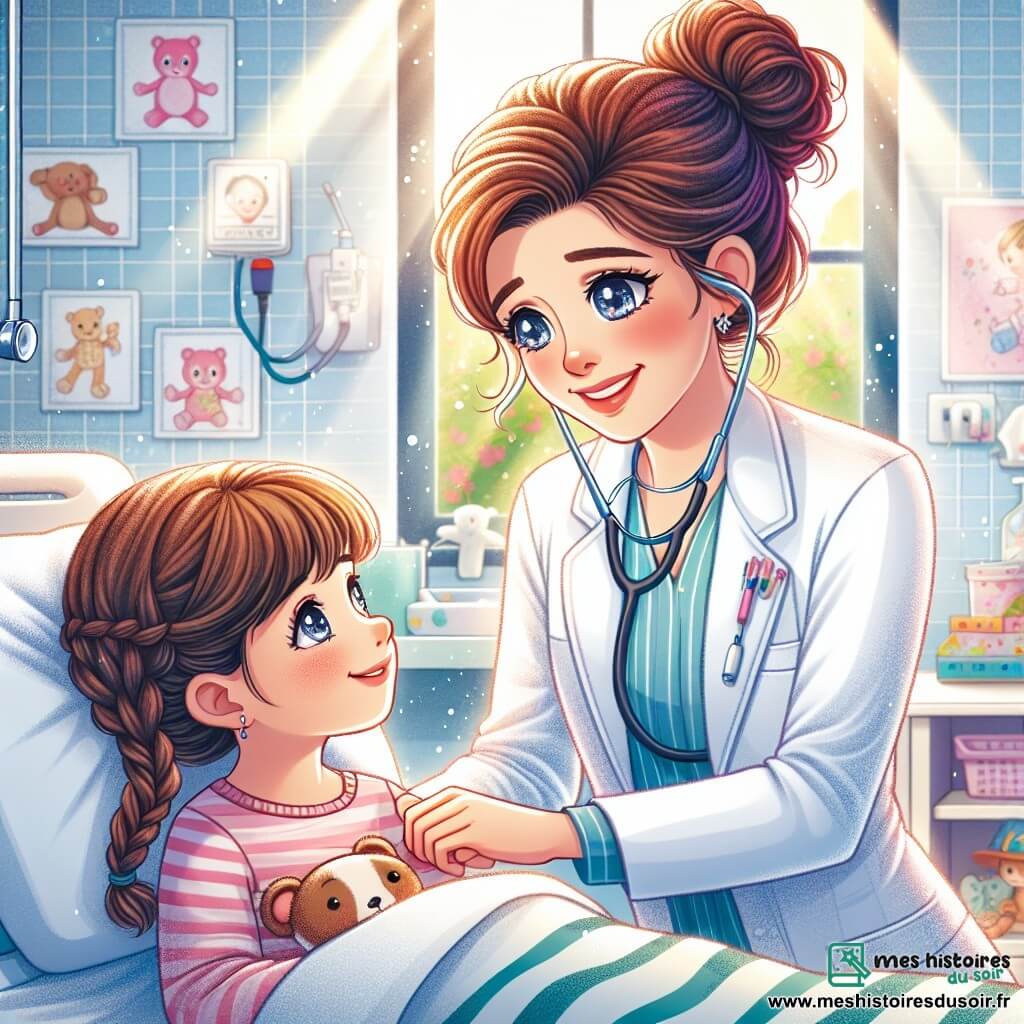 Au centre de l'image, le Dr Camille Verdier, une femme d'une trentaine d'années, souriante, porte une blouse blanche et un stéthoscope. Elle est accroupie près d'un lit d'hôpital où Clara, une fille de 8 ans, est allongée, souriante et tenant un ours en peluche. La chambre est décorée de couleurs douces avec des dessins d'animaux et des jouets. La scène montre le Dr Camille rassurant Clara, qui vient de se remettre d'une réaction allergique, illustrant la magie de la médecine et les liens humains.