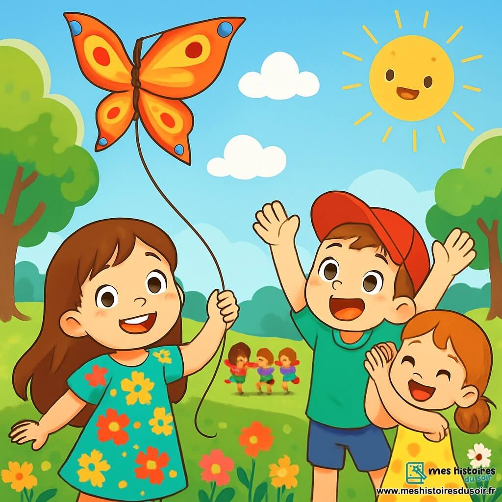Une petite fille de 6 ans, Lucie, avec de longs cheveux bruns et des yeux joyeux, porte une robe à fleurs colorées. Elle sourit en tenant un cerf-volant en forme de papillon qui s’envole dans le ciel bleu. À côté d'elle, un garçon de 6 ans, Maxime, avec une casquette rouge et un t-shirt vert, l’encourage en levant les bras. Un peu plus loin, une fille de 6 ans, Emma, avec une robe à pois jaunes, applaudit en sautant de joie. La scène se déroule dans un jardin verdoyant, rempli de fleurs et d’arbres, sous un ciel ensoleillé. Lucie, Maxime et Emma s’amusent à faire voler leur cerf-volant, courant ensemble dans le jardin, leurs rires résonnant dans l’air chaud de l’été.