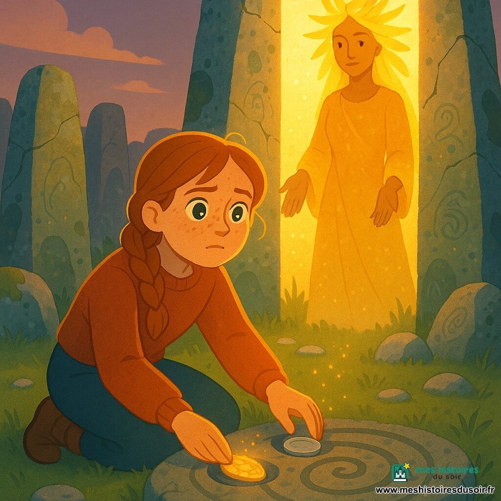 Maëna, environ 13 ans, rousse aux taches de rousseur et tresse sur l'épaule, accroupie devant une spirale gravée au sol, pose une écaille dorée et une pièce d'argent dans deux creux en pierre, main sur la spirale tandis qu'elle prononce un mot, souffle visible et étincelles dorées montantes ; derrière elle, Belisama, femme majestueuse à la peau dorée et cheveux lumineux, se tient dans une porte de lumière rectangulaire ambrée, mains ouvertes; le cercle de menhirs fissurés, recouverts de mousse et de lichens avec gravures brillantes, encadre la scène crépusculaire éclairée par un rayon de soleil.